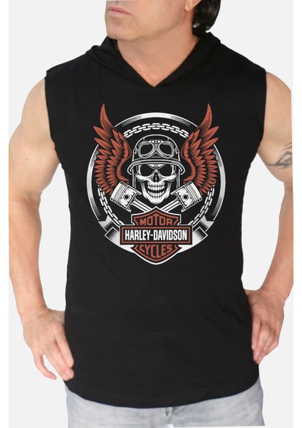 Motorcu Kurukafa Siyah Kapşonlu Kolsuz T-Shirt