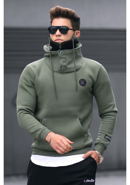 Triko Yaka Düğmeli Haki Sweatshirt 4411