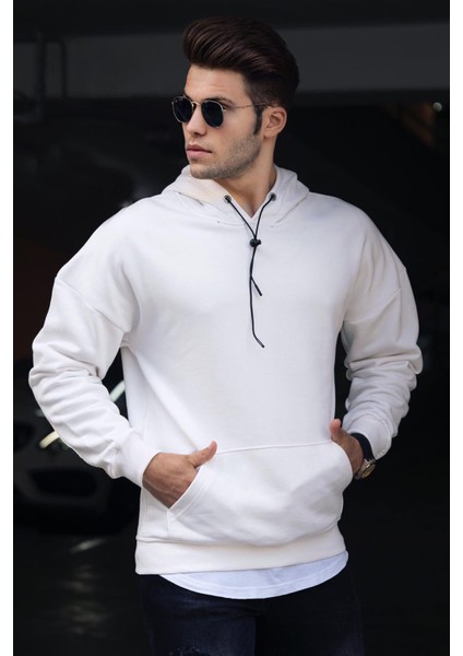 Basic Beyaz Erkek Kapüşonlu Sweatshirt 4764