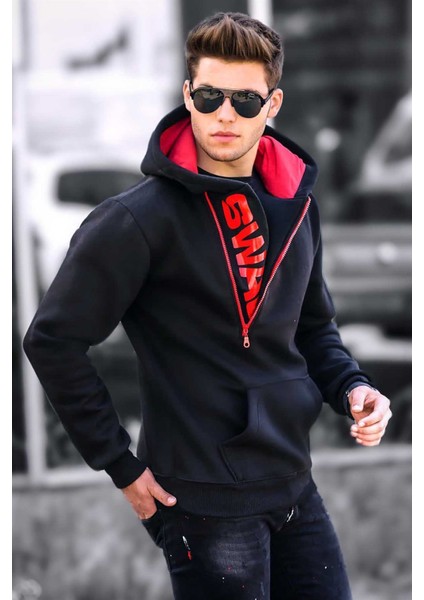 Siyah Fermuar Detaylı Kapüşonlu Sweatshirt 1767
