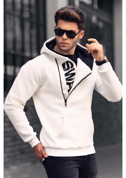 Beyaz Fermuar Detaylı Kapüşonlu Sweatshirt 1767