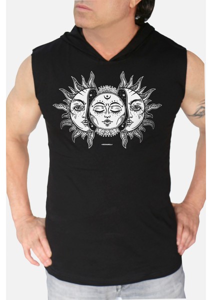 Ay Güneş Siyah Kapşonlu Kolsuz T-Shirt