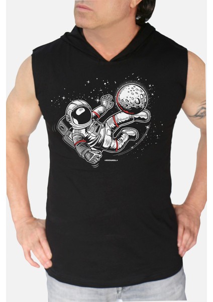 Futbolcu Astronot Siyah Kapşonlu Kolsuz T-Shirt