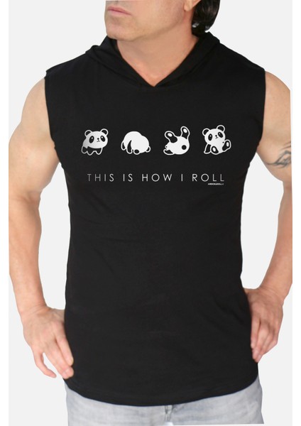 Panda Taklası Siyah Kapşonlu Kolsuz T-Shirt
