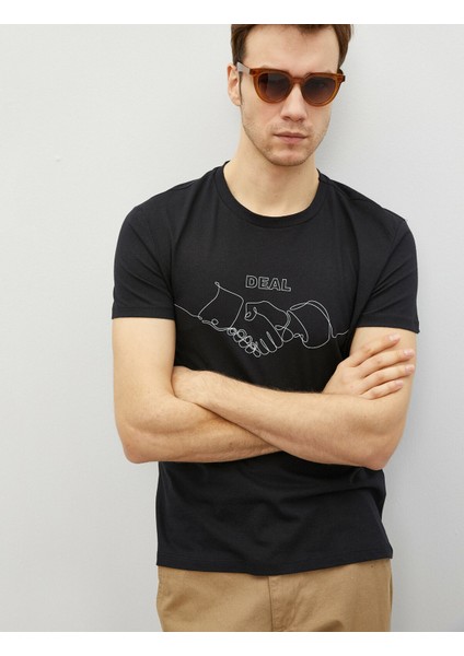 Erkek Pamuklu Bisiklet Yaka Kısa Kollu Baskılı T-Shirt
