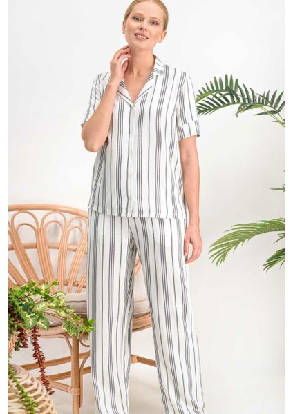 718 Lines Krem Düğmeli Kadın Gömlek Pijama Takımı