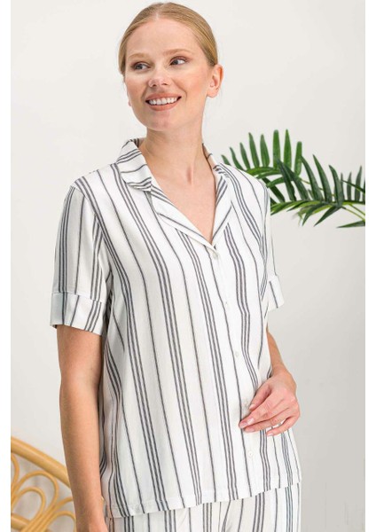 718 Lines Krem Düğmeli Kadın Gömlek Pijama Takımı