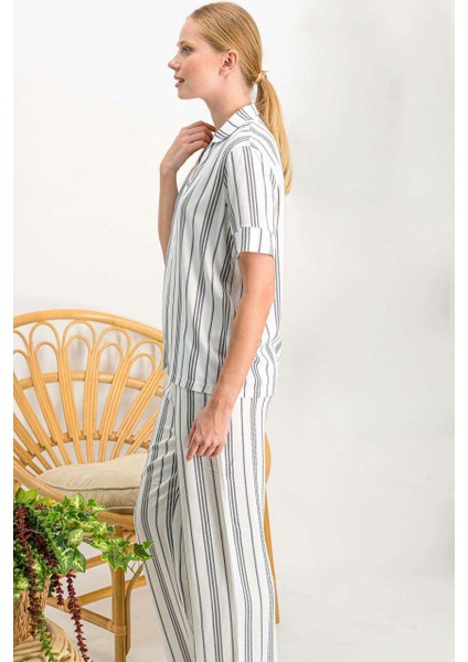 718 Lines Krem Düğmeli Kadın Gömlek Pijama Takımı