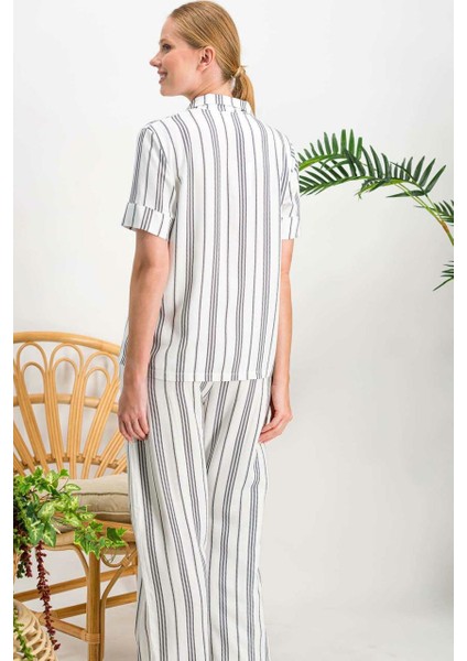 718 Lines Krem Düğmeli Kadın Gömlek Pijama Takımı