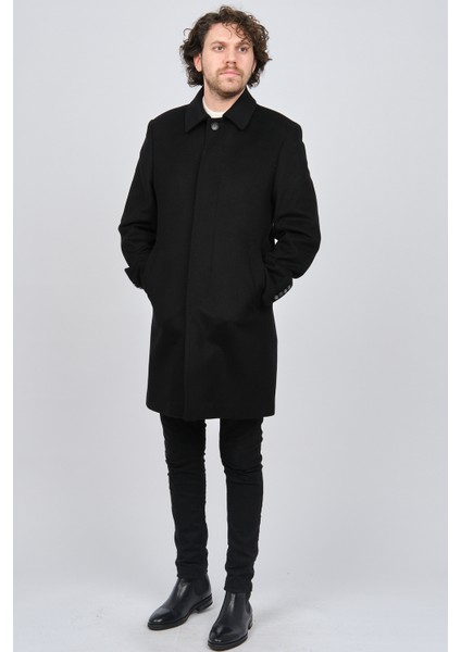 Erkek Düğmeli Yaka Yün Kaban 5141001 Siyah
