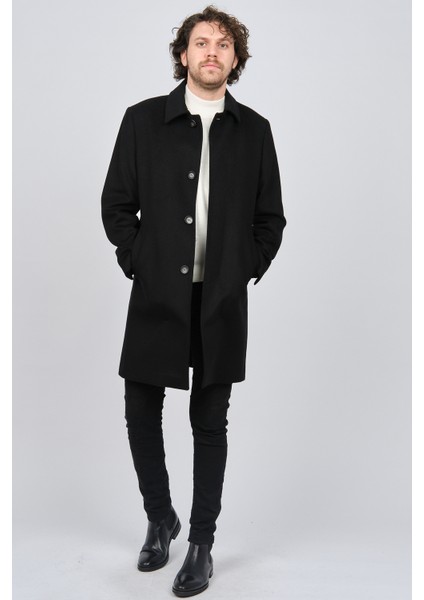 Erkek Düğmeli Yaka Yün Kaban 5141001 Siyah fiyatları