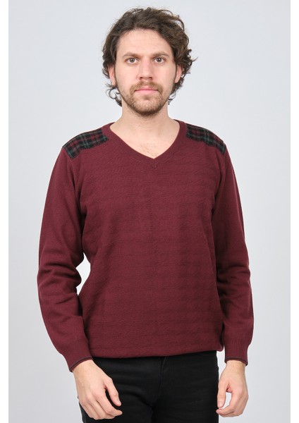 Erkek V Yaka Saf Yün Kazak 0246538 Bordo