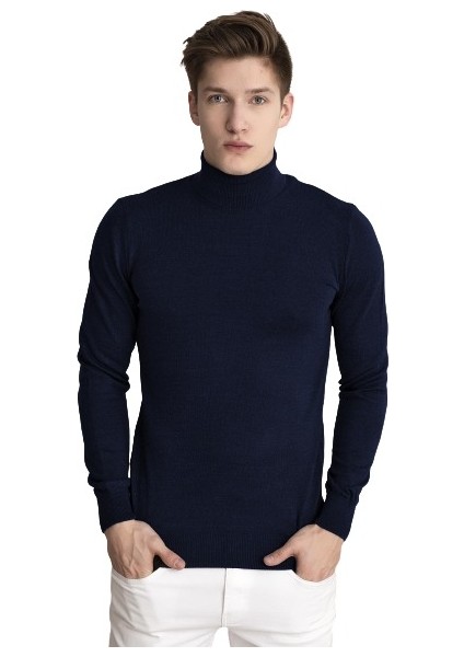Tena Moda Erkek Lacivert Melanj Tam Balıkçı Yaka Basic Triko Kazak