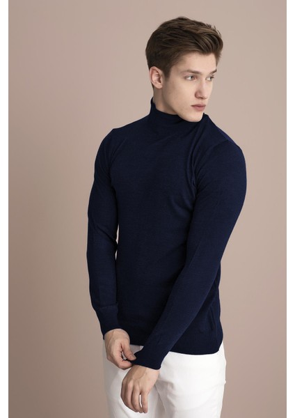 Tena Moda Erkek Lacivert Melanj Tam Balıkçı Yaka Basic Triko Kazak