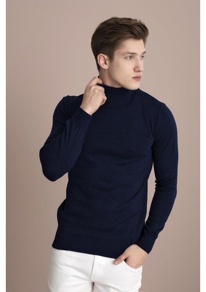 Tena Moda Erkek Lacivert Melanj Tam Balıkçı Yaka Basic Triko Kazak