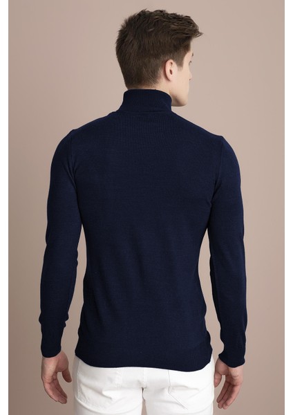 Tena Moda Erkek Lacivert Melanj Tam Balıkçı Yaka Basic Triko Kazak