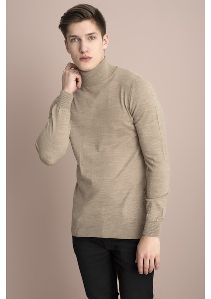 Tena Moda Erkek Vizon Melanj Tam Balıkçı Yaka Basic Triko Kazak