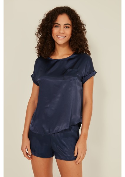 080 Kadın Saten T-Shirt Şort Takım Lacivert