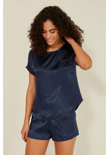 080 Kadın Saten T-Shirt Şort Takım Lacivert fiyatları