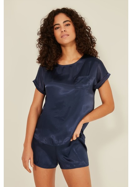 080 Kadın Saten T-Shirt Şort Takım Lacivert modelleri