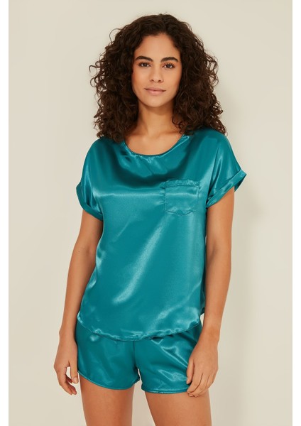 080 Kadın Saten T-Shirt Şort Takım Petrol