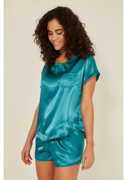 080 Kadın Saten T-Shirt Şort Takım Petrol fiyatları