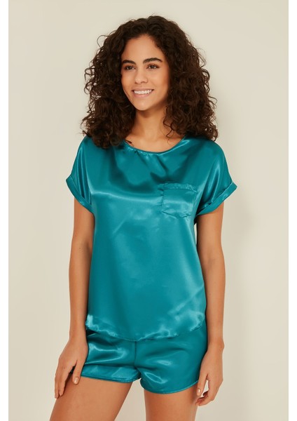 080 Kadın Saten T-Shirt Şort Takım Petrol modelleri