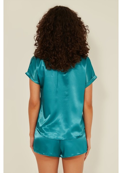 080 Kadın Saten T-Shirt Şort Takım Petrol fırsatları