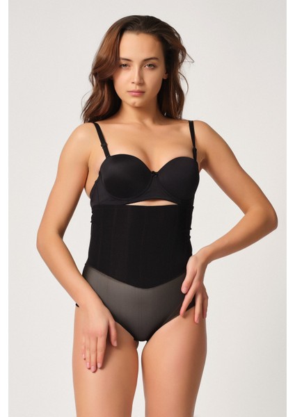 2945 Kadın Tül Karyokalı Lazer Slip Korse Siyah