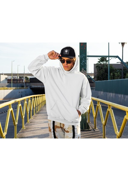Unisex Beyaz Kapüşonlu Cepli Sweatshirt