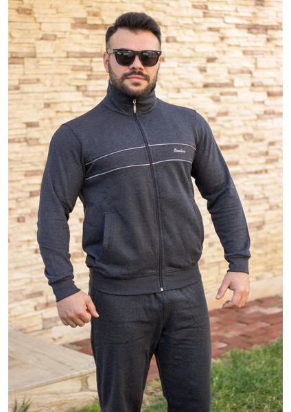 Antrasit Dik Yaka Nakış Detaylı Rahat Kalıp Fermuarlı Erkek Eşofman Takımı 21EESTBBKT