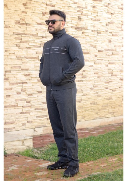 Antrasit Dik Yaka Nakış Detaylı Rahat Kalıp Fermuarlı Erkek Eşofman Takımı 21EESTBBKT modelleri