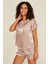 080 Kadın Saten T-Shirt Şort Takım Vizon 1