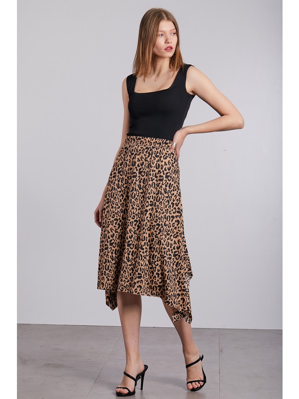 Olive Butik Kadin Leopar Desen Asimetrik Lastikli Etek Fiyati