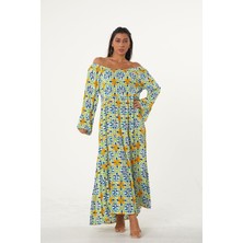 Keyifli Moda Kadın Yeşil Carmen Yaka Kolları Volanlı Çiçek Desenli Salaş Elbise
