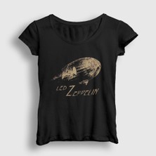 Presmono Kadın Siyah Airship Led Zeppelin T-Shirt