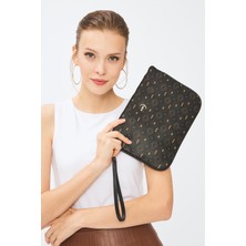 Kadın Basic Clutch Çanta Monogram Desenli Siyah Taba 214002