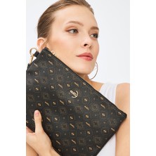 Kadın Basic Clutch Çanta Monogram Desenli Siyah Taba 214002