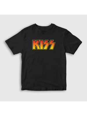 Presmono Unisex Çocuk Siyah Logo Kiss T-Shirt