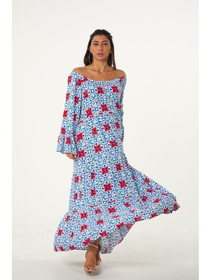 Keyifli Moda Kadın Kırmızı Mavi Carmen Yaka Kolları Volanlı Çiçek Desenli Salaş Elbise