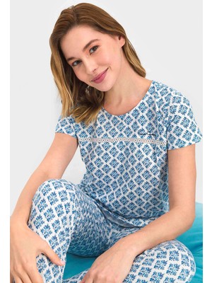 Pierre Cardin Ethnic Tiles Mavi Kadın Kısa Kol Pijama Takımı