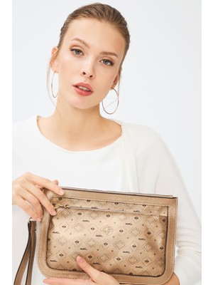 Kadın Basic Clutch Çanta Monogram Desenli Altın 214003