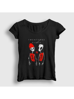 Presmono Kadın Siyah Skeleton Twenty One Pilots T-Shirt