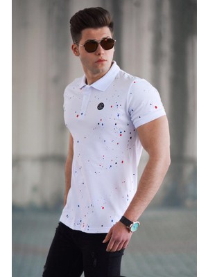 Madmext Beyaz Püskürtme Baskı Polo Yaka Tişört 4583