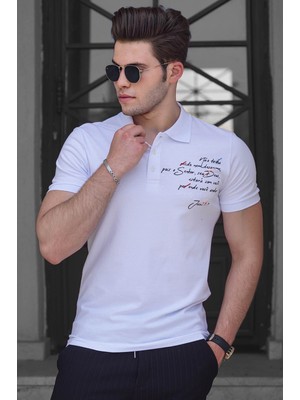 Madmext Poloyaka Nakışlı Beyaz Erkek Tişört 4634