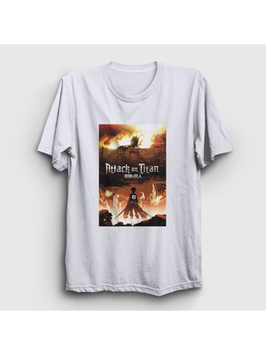 Presmono Unisex Beyaz Poster Anime Attack On Titan T-Shirt