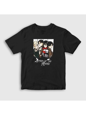 Presmono Unisex Çocuk Siyah Team Anime Attack On Titan T-Shirt