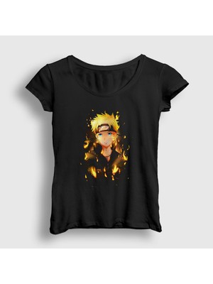 Presmono Kadın Siyah Fire Anime Naruto T-Shirt