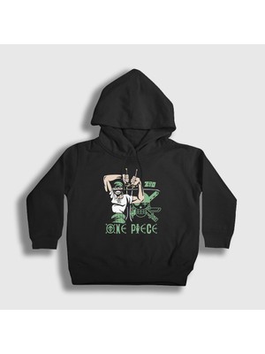 Presmono Unisex Çocuk Siyah Zoro V2 Anime One Piece Kapüşonlu Sweatshirt