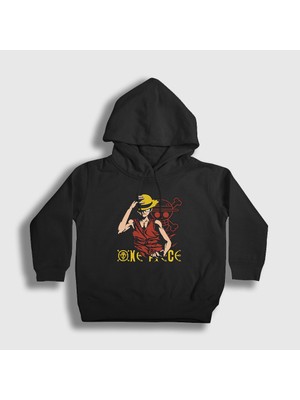 Presmono Unisex Çocuk Siyah Monkey Luffy Anime One Piece Kapüşonlu Sweatshirt
